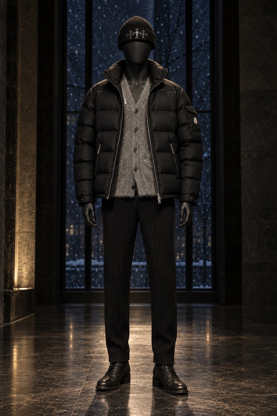 A faceless black mannequin wears a Moncler down jacket, an Undercover mohair cardigan, Homme Plissé trousers, Guidi boots and a Chrome Hearts beanie in a dark stone hall.