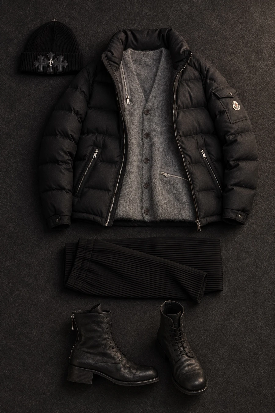 Winter in black and grey. Flat lay of a black Moncler jacket, a grey Undercover cardigan, black Issey Miyake trousers and black Guidi boots.
