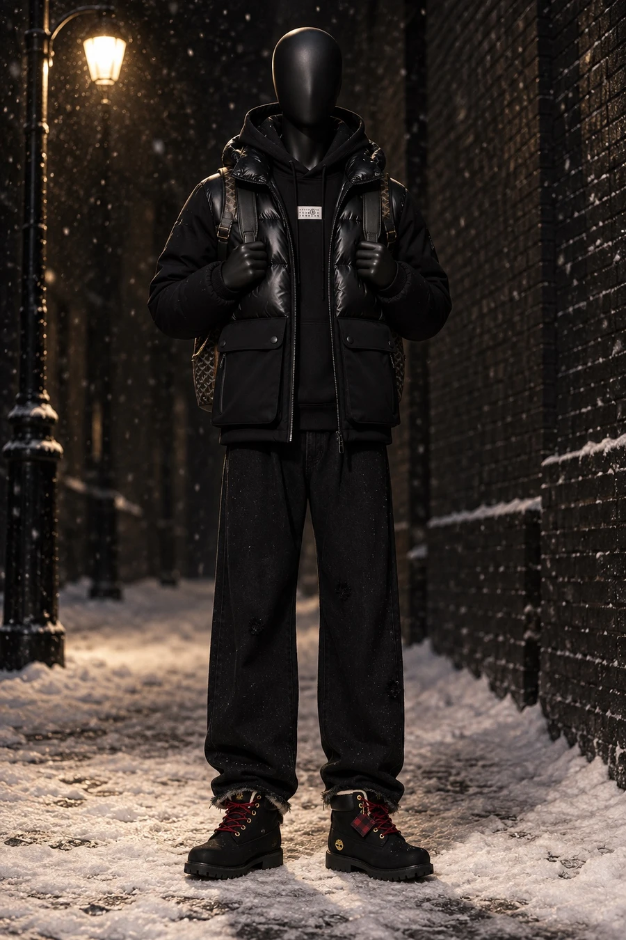 A faceless black mannequin wears a Mackage down jacket, an MM6 hoodie, Song for the Mute jeans and Timberland boots, with a Goyard backpack, on a snowy street at night.