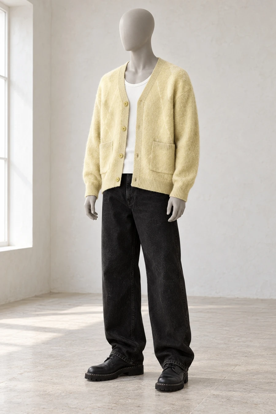 A faceless display mannequin in a New York showroom. A pale yellow COOR cardigan sits over a white ribbed tank, black trousers and Guidi derbies.