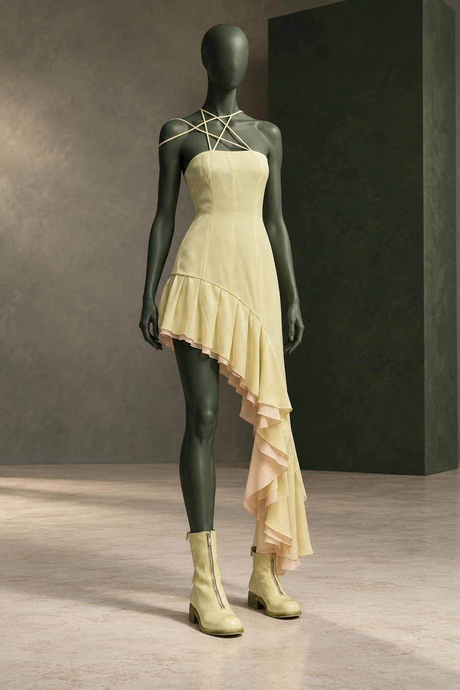 Pale yellow LEJE dress with star straps and an asymmetric frill, with kiwi Guidi boots on a green mannequin.