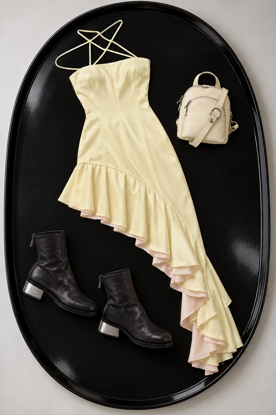 A yellow LEJE dress with asymmetric frills, black Guidi boots and an ivory backpack.