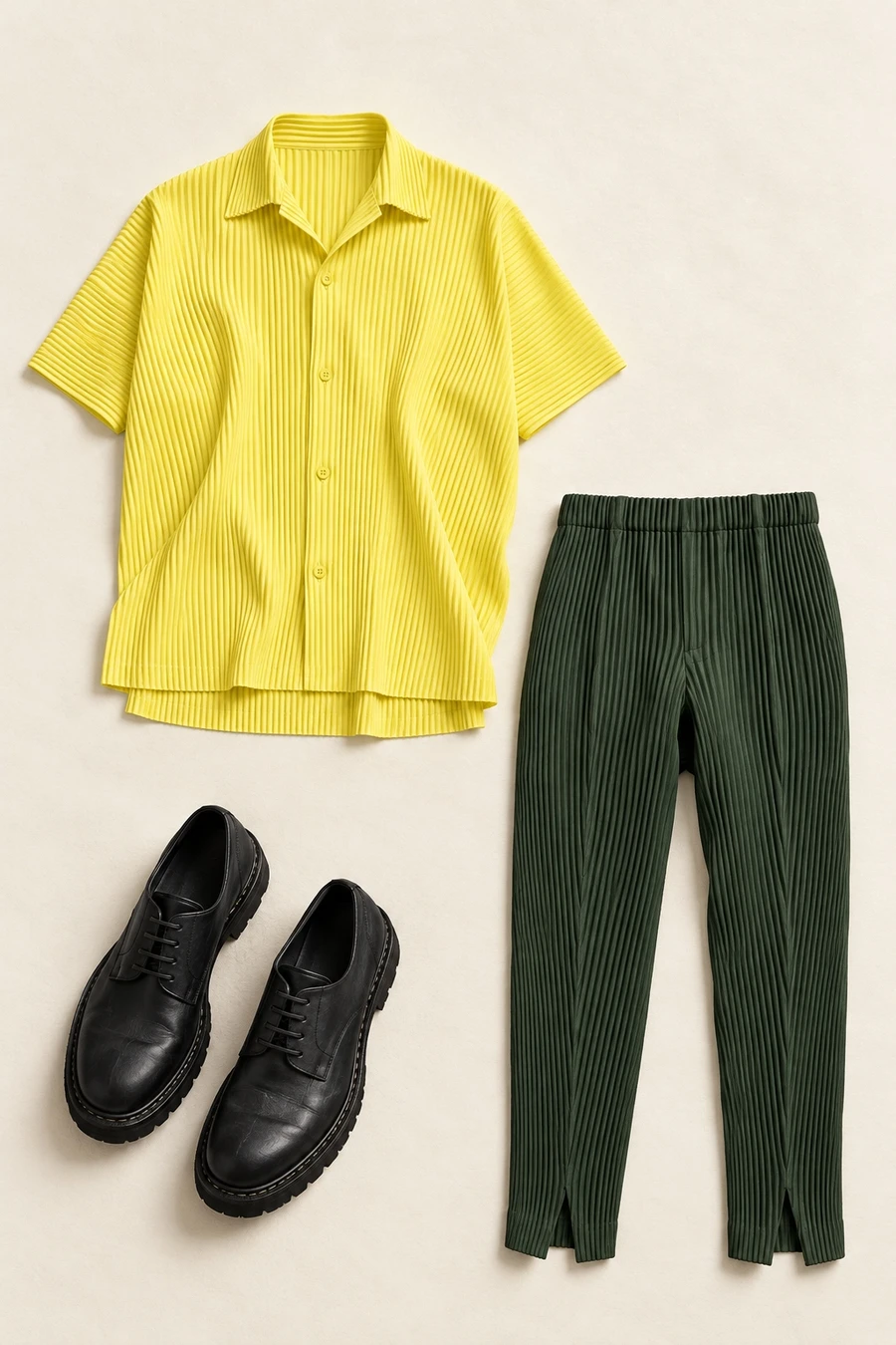 Homme Plisse Issey Miyake, Guidi pieces arranged on a Tokyo outfit board.